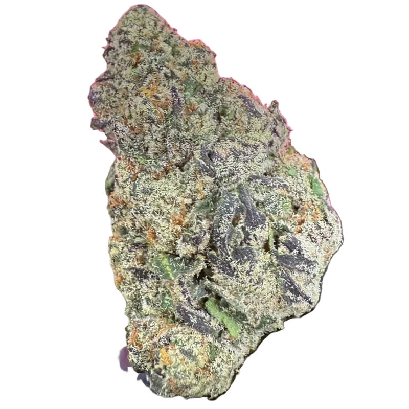 Green cannabis bud held by a gloved hand with 'Blue Mamba' text on pink paper in the background
