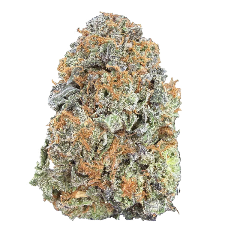 Hand holding a large cannabis bud labeled 'Bubba Fett' with more buds in the background.
