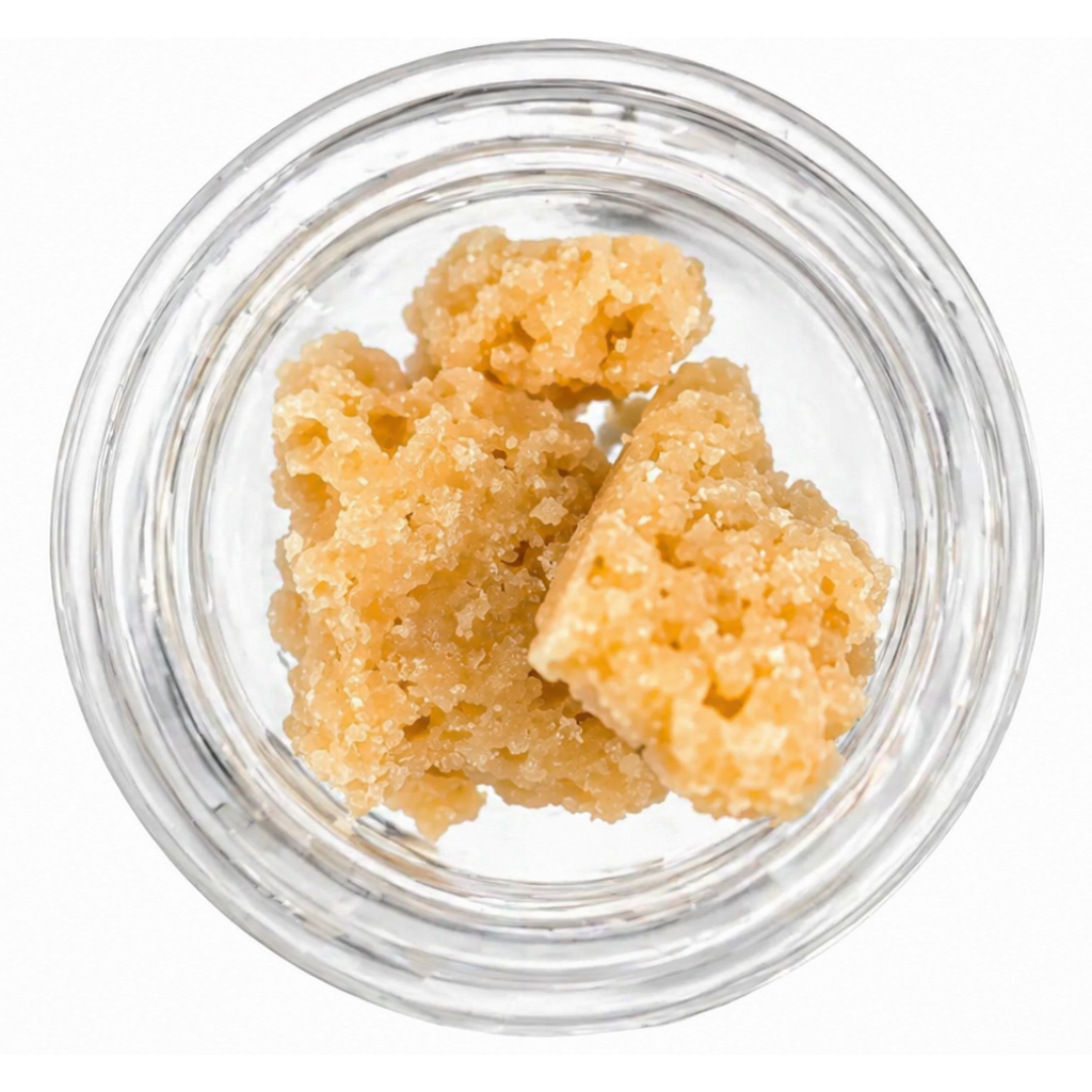 THCA Crumble Wax Clear glass jar on a white background