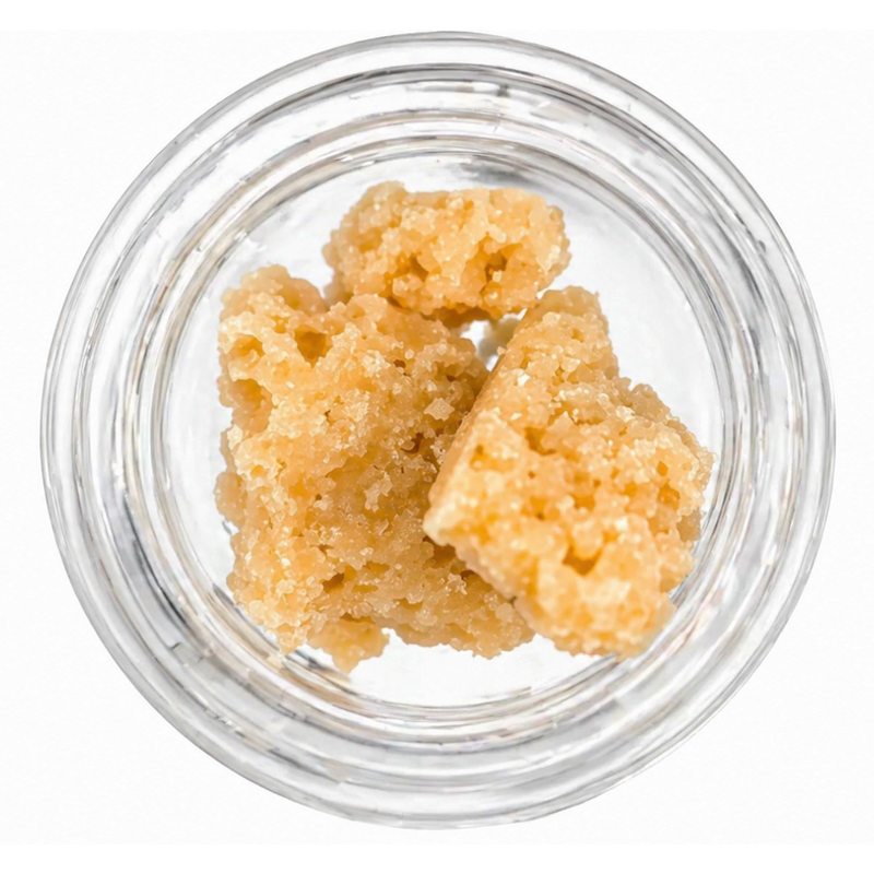 THCA Crumble Wax Clear glass jar on a white background