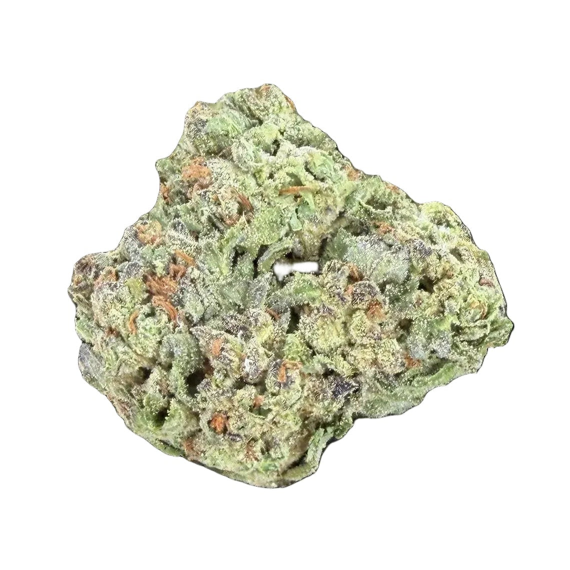 Hand holding a cannabis bud labeled 'Guava Runtz' over a bag of cannabis buds.