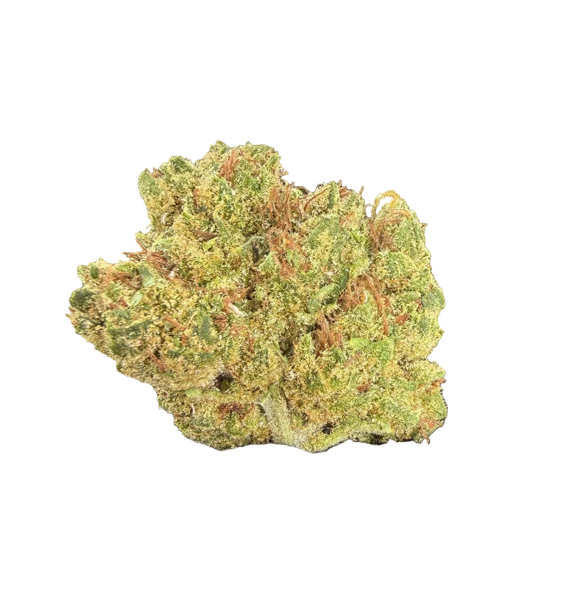 Hand holding a clump of 'Lemon Drop' cannabis buds with a labeled container in the background.