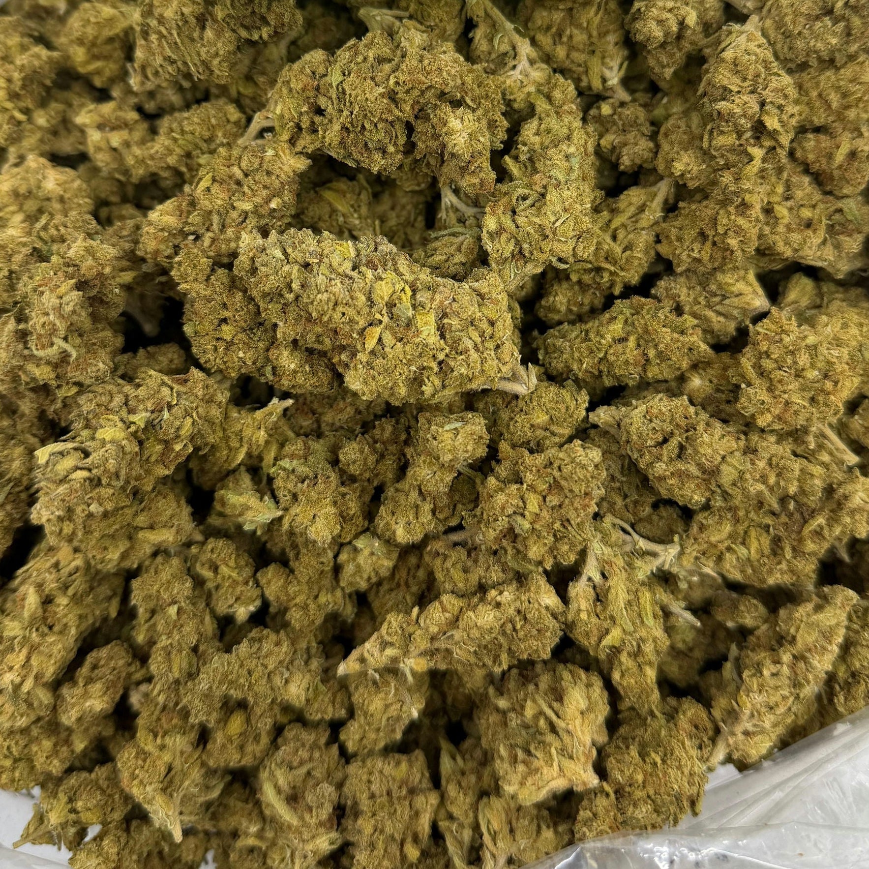 Bag of cannabis buds with a green label reading 'Pablo's Revenge' on a white background