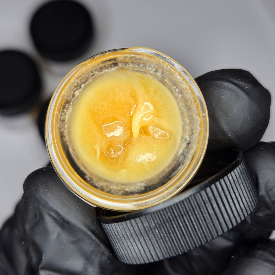 Jar of yellowish substance held by a gloved hand against a gray background