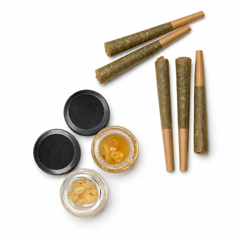 Joints and cannabis products on a white background