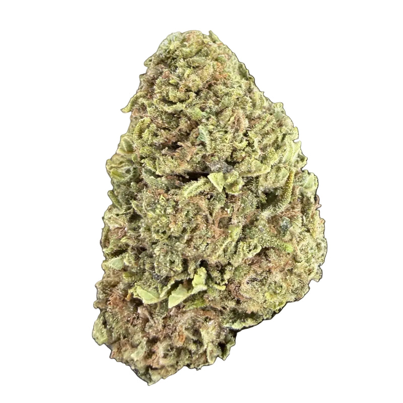Hand holding a large cannabis bud labeled 'Wedding Cake' over a container of cannabis buds.