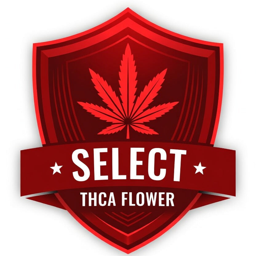 Red logo with a cannabis leaf and text 'SELECT THCA FLOWER' on a white background