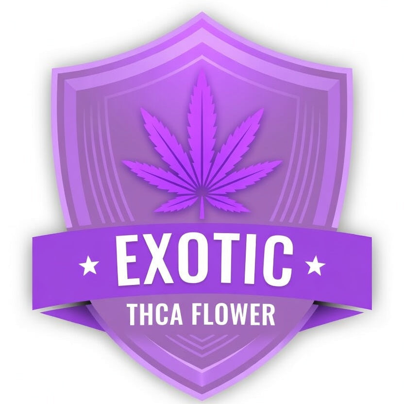 Purple shield-shaped logo with a cannabis leaf and text 'Exotic Thica Flower' on a white background